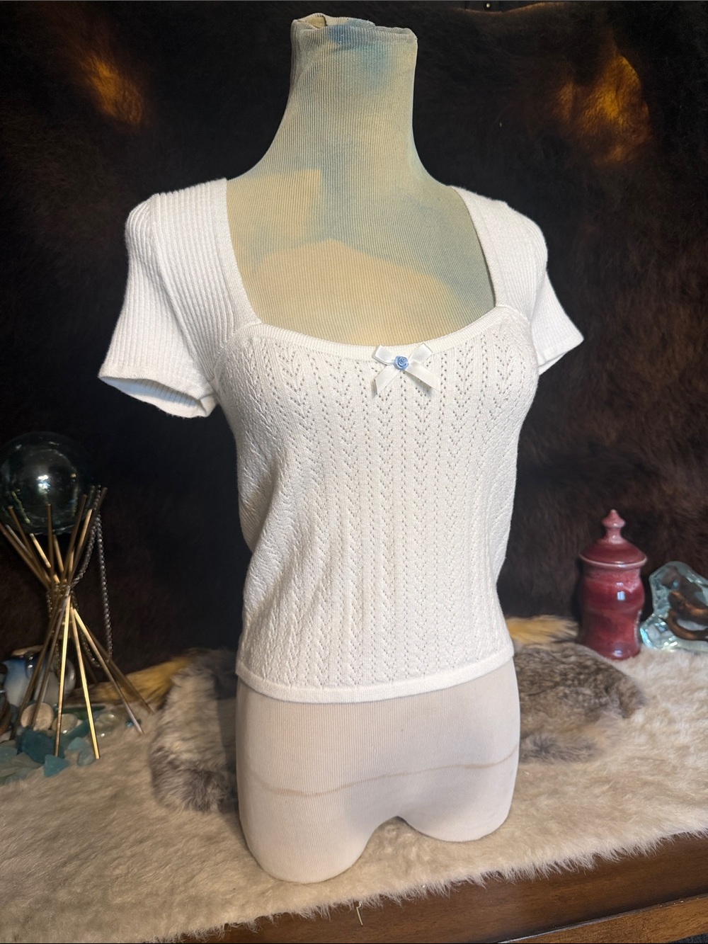 White Knit Short-Sleeve Scoop Neck Top M (1600)